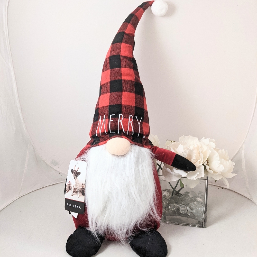 Rae Dunn Christmas Merry Gingham Gnome Plaid Red